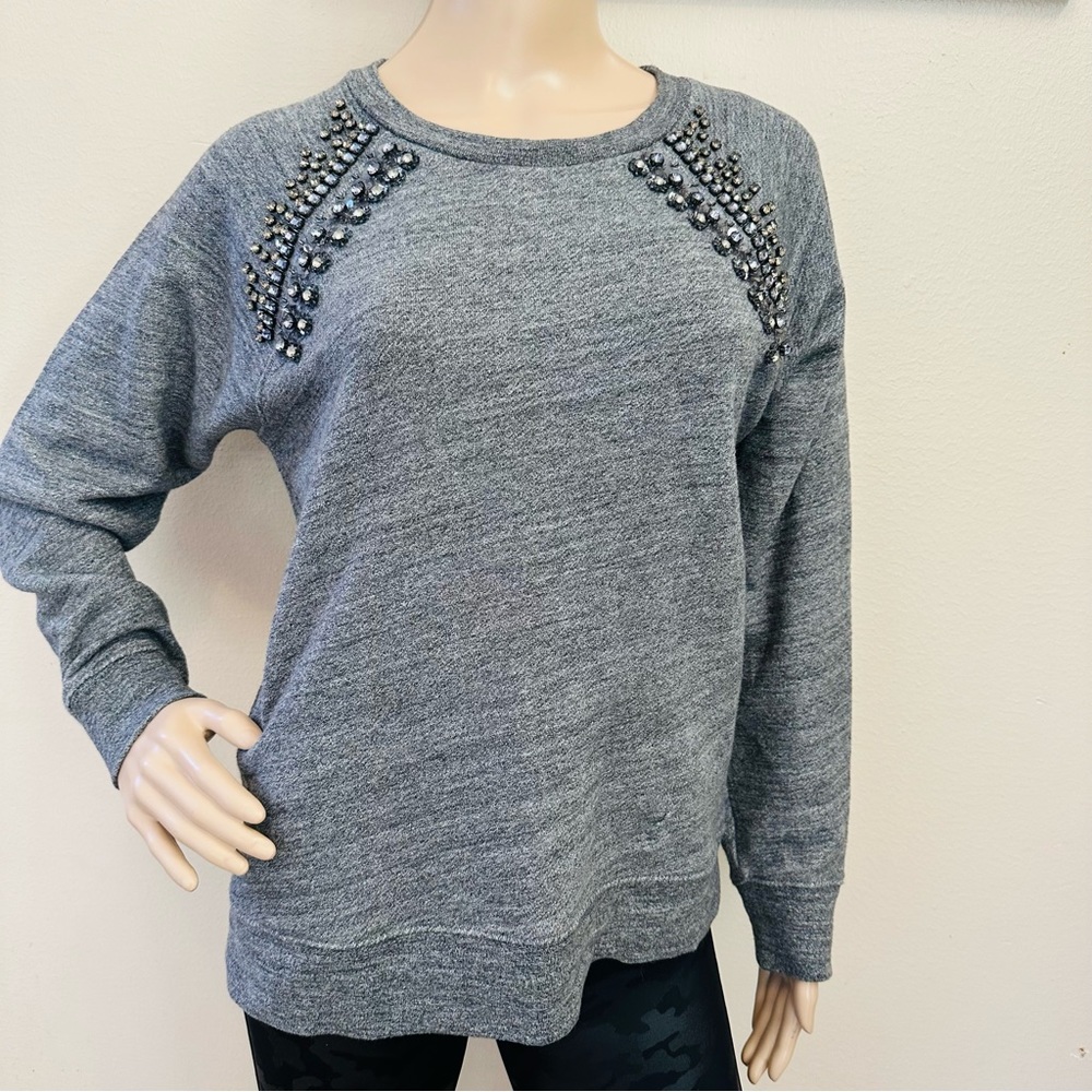 J. Crew round neck sweatshirt grey rhinestones sequins beads Sz M